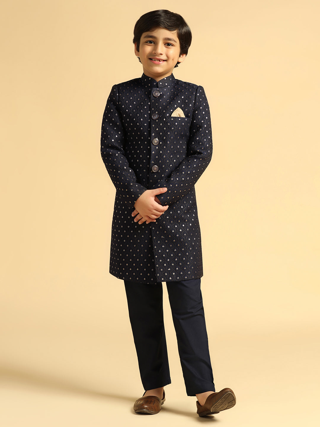 Boy's Navy Blue Self Design Indowestern Pyjama Set