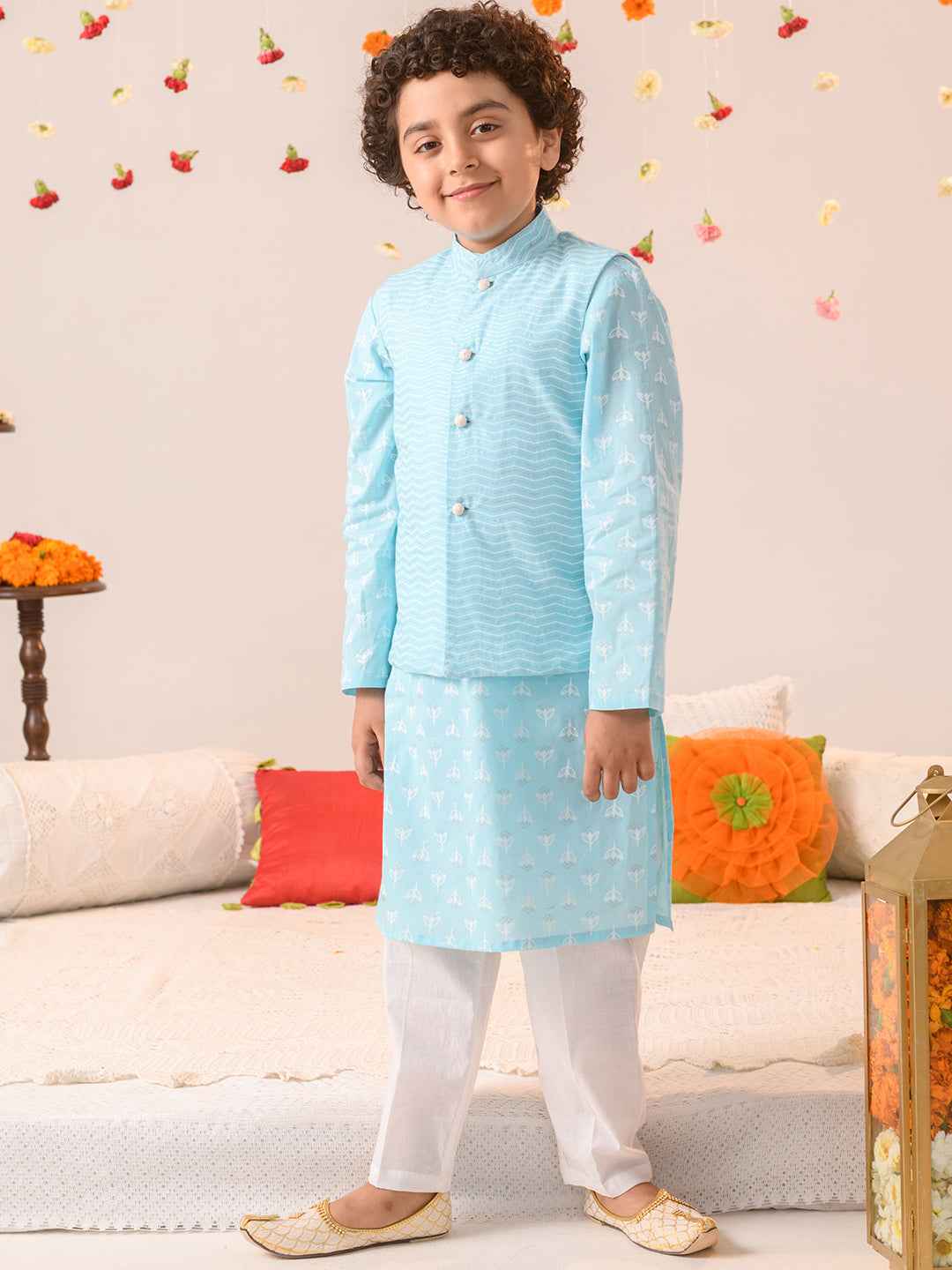 Boys Printed Pure Cotton Kurta with Pyjamas (KP-BLUEKHADDI)