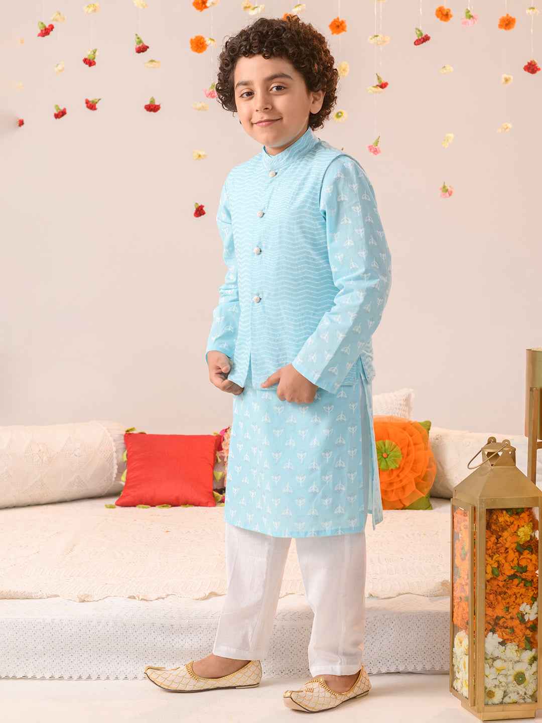 Boys Printed Pure Cotton Kurta with Pyjamas (KP-BLUEKHADDI)