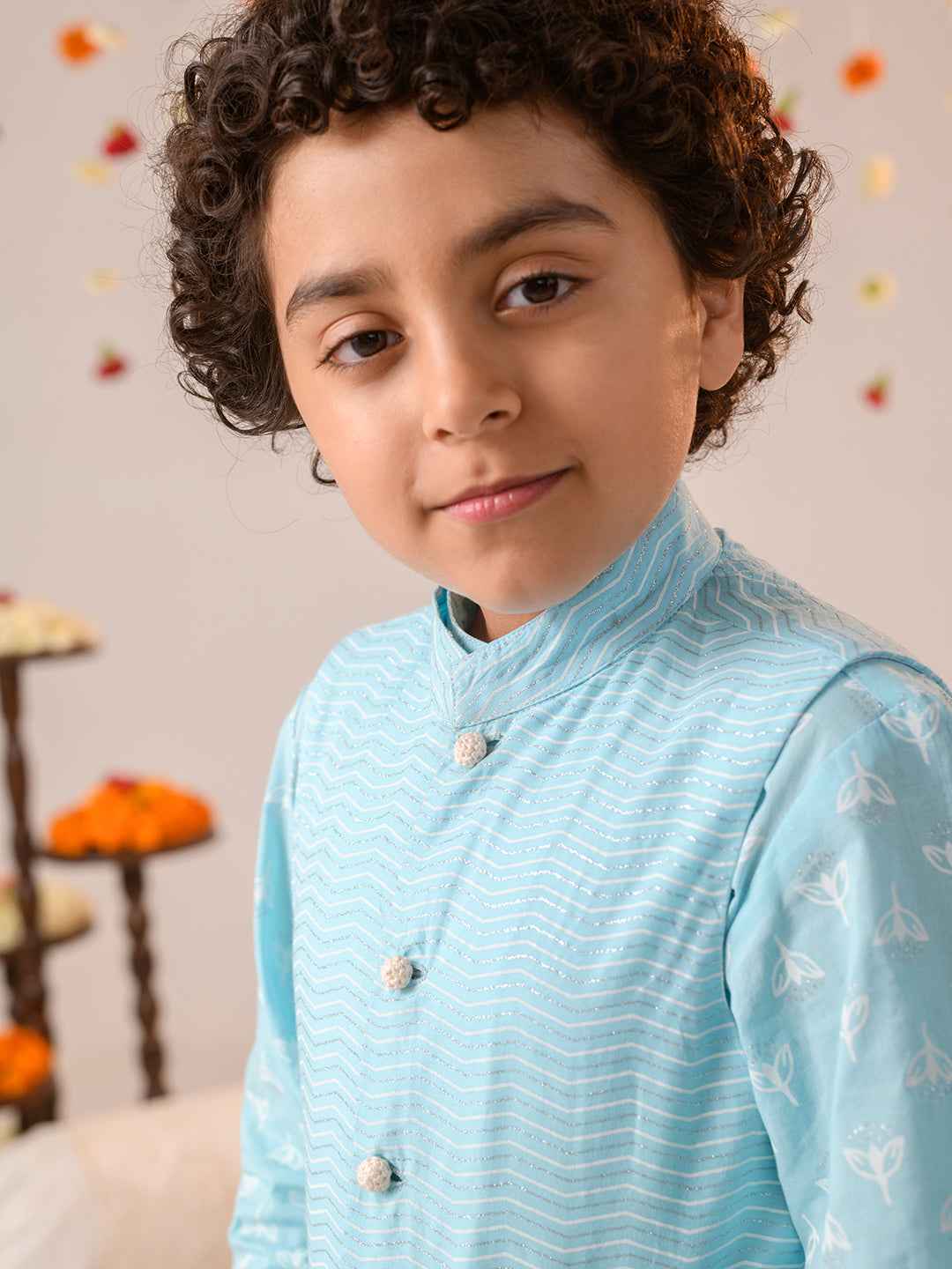 Boys Printed Pure Cotton Kurta with Pyjamas (KP-BLUEKHADDI)