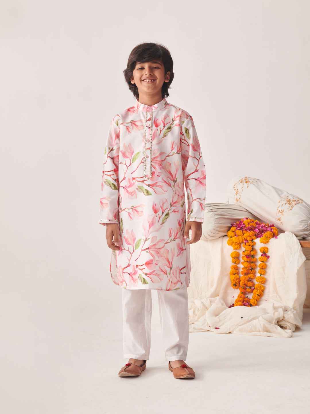 Boys Floral Printed Regular Kurta With Pyjamas (KP-FLORALPINKFLAX)