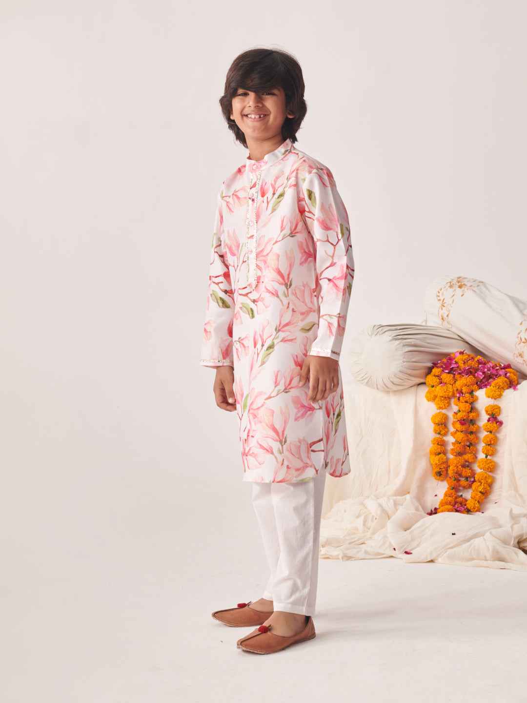Boys Floral Printed Regular Kurta With Pyjamas (KP-FLORALPINKFLAX)