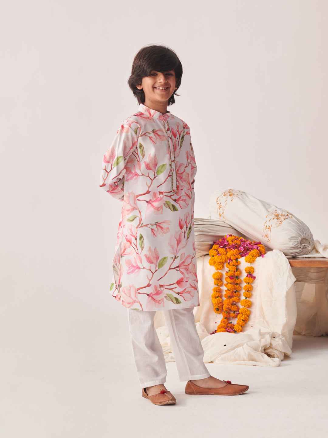 Boys Floral Printed Regular Kurta With Pyjamas (KP-FLORALPINKFLAX)