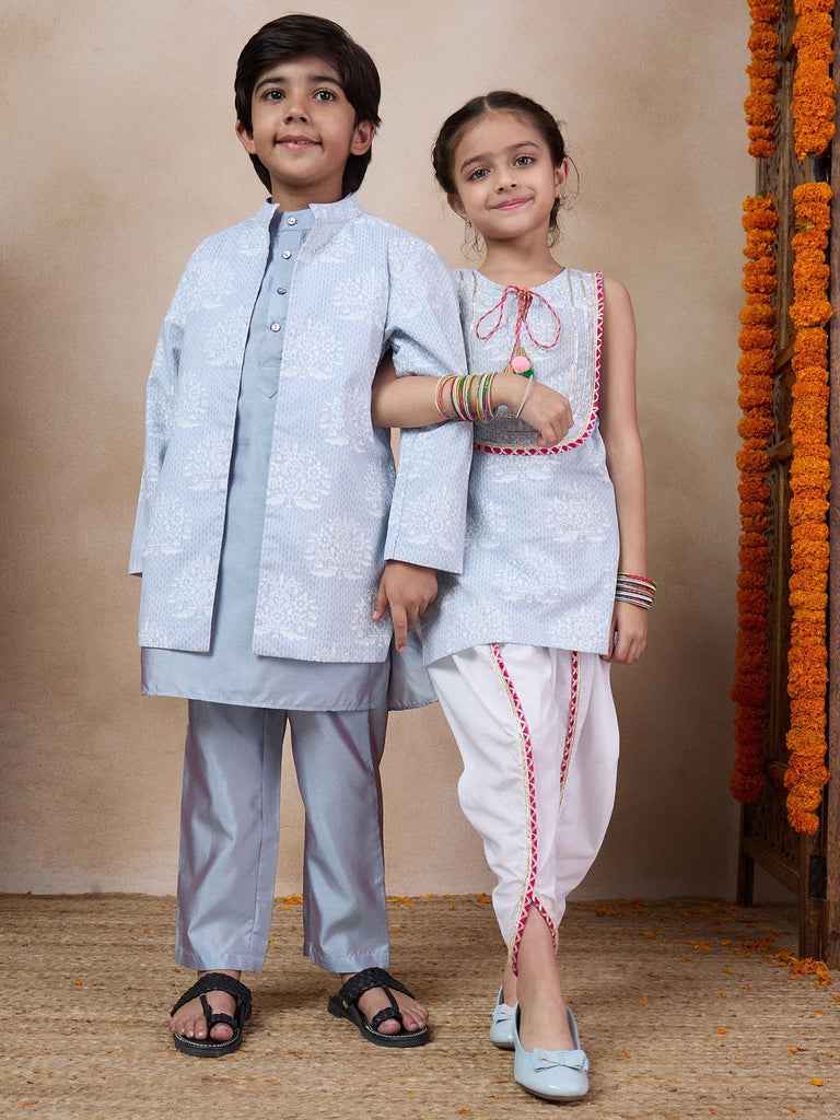 Boys Mandarin Collar Long Sleeves Straight Kurta With Pyjamas Jacket (KP-GREYKHADDI)