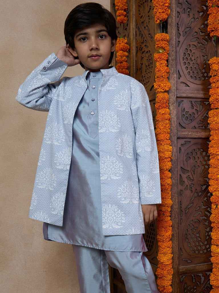 Boys Mandarin Collar Long Sleeves Straight Kurta With Pyjamas Jacket (KP-GREYKHADDI)
