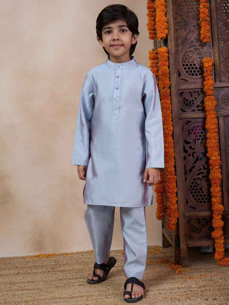 Boys Mandarin Collar Long Sleeves Straight Kurta With Pyjamas Jacket (KP-GREYKHADDI)