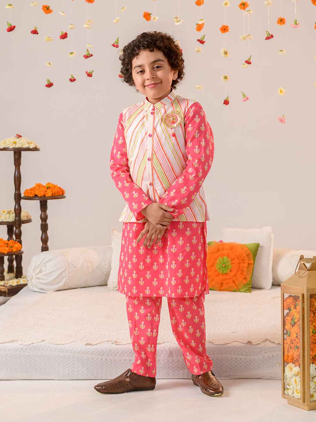 Boys Ethnic Motifs Printed Pure Cotton Kurta with Pyjamas & Nahru Jacket (KP-MULTISTRIPE)