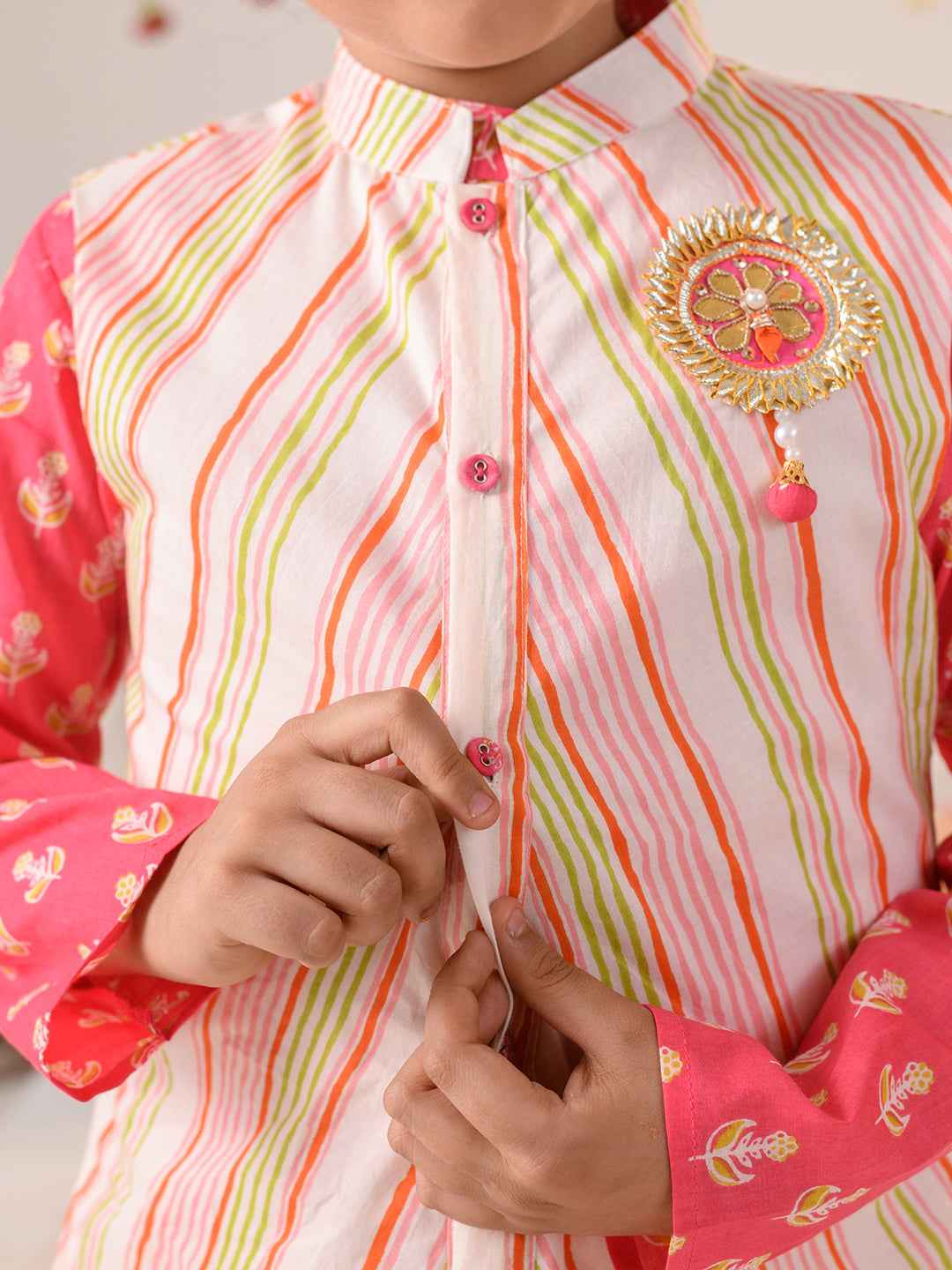 Boys Ethnic Motifs Printed Pure Cotton Kurta with Pyjamas & Nahru Jacket (KP-MULTISTRIPE)