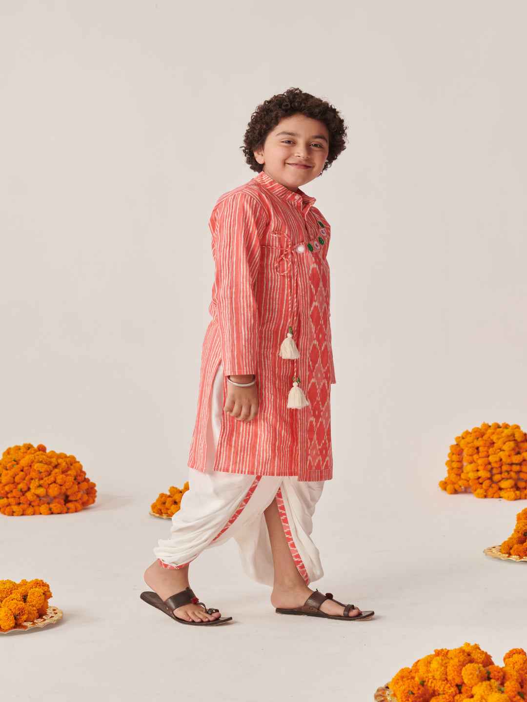Boys Ethnic Motifs Printed Angrakha Kurta With Dhoti Pants (KP-PEACHIKKAT)
