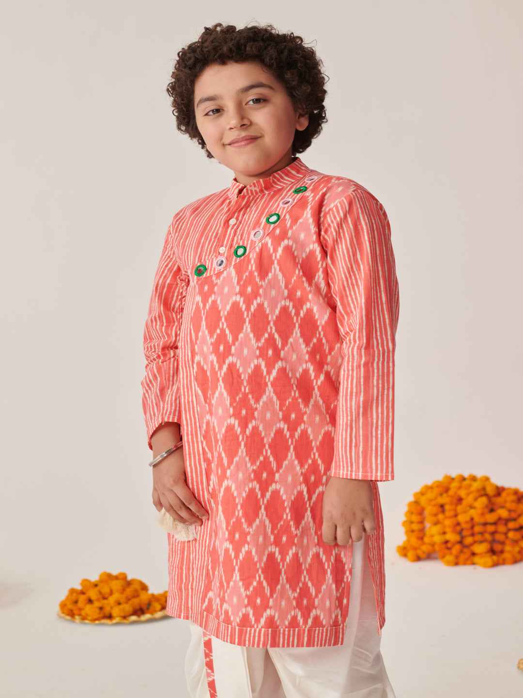 Boys Ethnic Motifs Printed Angrakha Kurta With Dhoti Pants (KP-PEACHIKKAT)