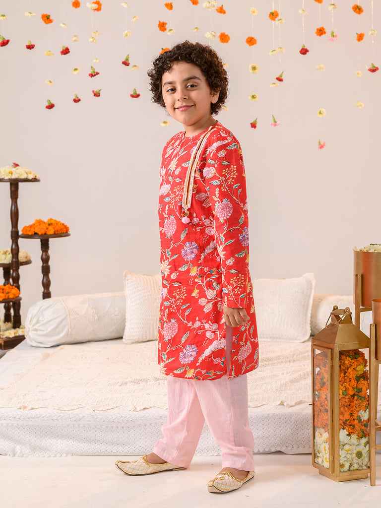 Boys Floral Printed Regular Pure Cotton Kurta With Pyjamas (KP-REDPINKFLOWER)