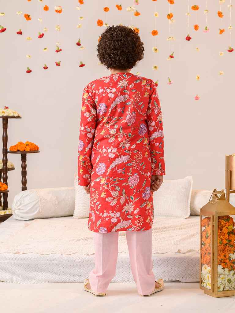 Boys Floral Printed Regular Pure Cotton Kurta With Pyjamas (KP-REDPINKFLOWER)