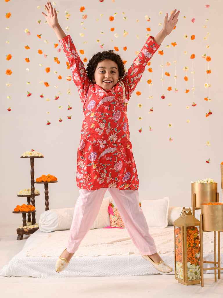 Boys Floral Printed Regular Pure Cotton Kurta With Pyjamas (KP-REDPINKFLOWER)