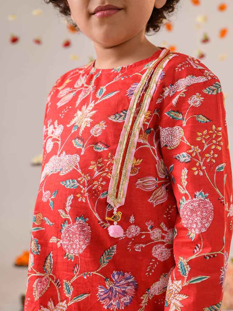 Boys Floral Printed Regular Pure Cotton Kurta With Pyjamas (KP-REDPINKFLOWER)