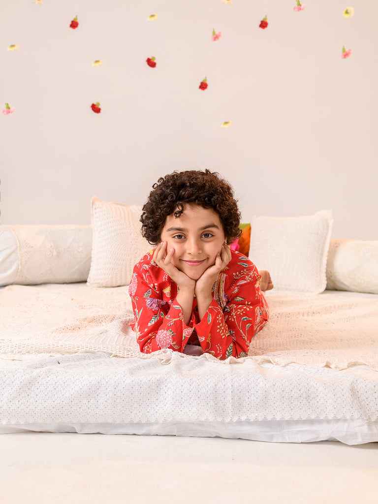 Boys Floral Printed Regular Pure Cotton Kurta With Pyjamas (KP-REDPINKFLOWER)
