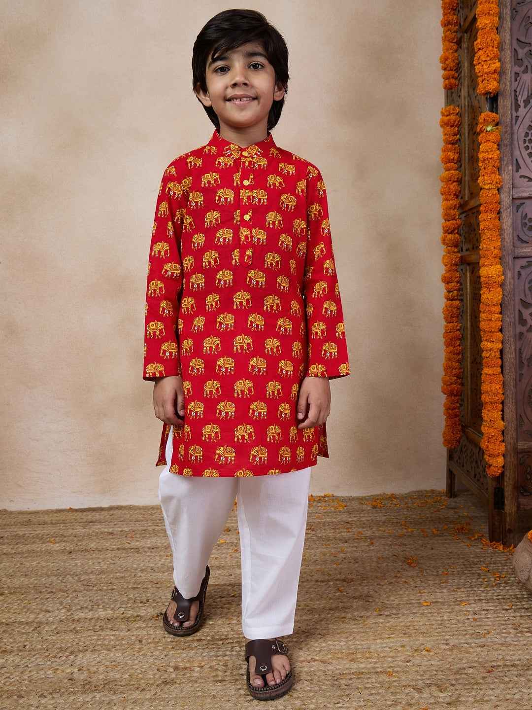 Boys Mandarin Collar Animal Printed Regular Kurta With Pyjamas (KP-YELLOWHATHI)