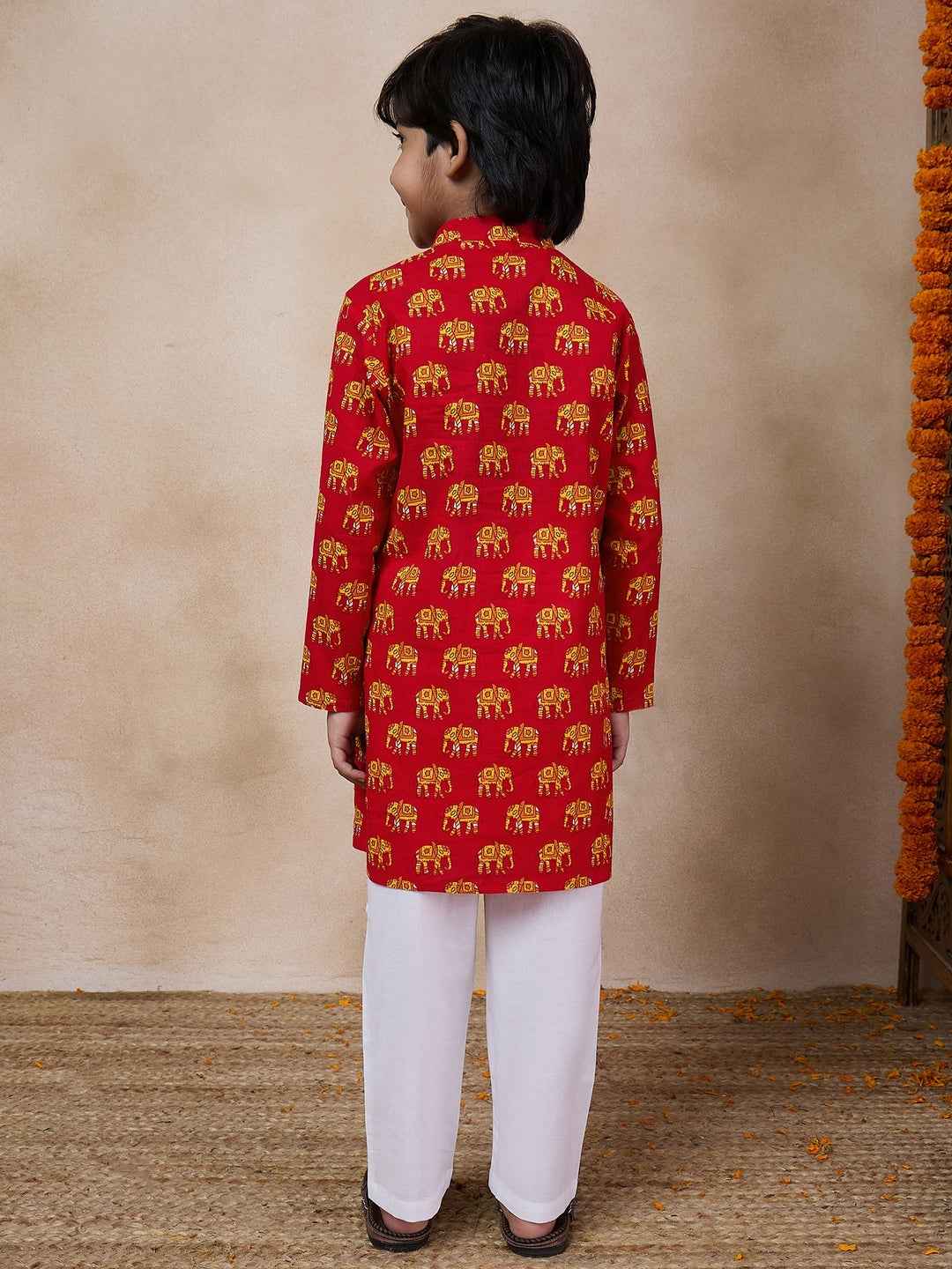 Boys Mandarin Collar Animal Printed Regular Kurta With Pyjamas (KP-YELLOWHATHI)