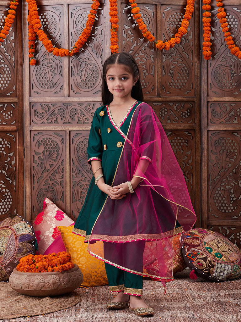 Pspeaches Girls Floral Yoke Design Angrakha Gotta Patti A Line Kurta With Trousers & Dupatta (KS-GREENTAFETA)