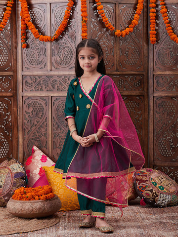 Pspeaches Girls Floral Yoke Design Angrakha Gotta Patti A Line Kurta With Trousers & Dupatta (KS-GREENTAFETA)