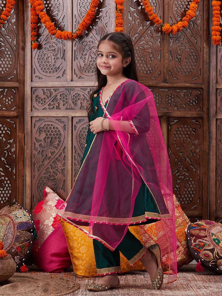 Pspeaches Girls Floral Yoke Design Angrakha Gotta Patti A Line Kurta With Trousers & Dupatta (KS-GREENTAFETA)