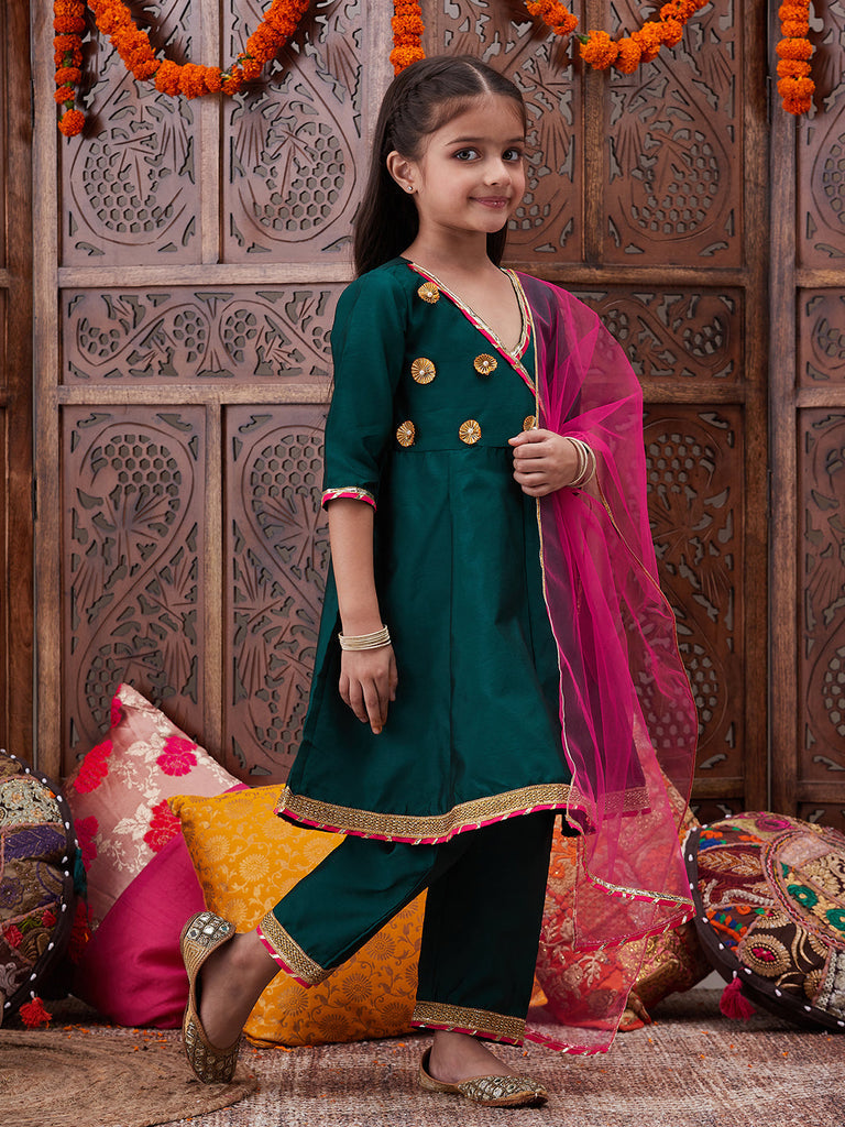 Pspeaches Girls Floral Yoke Design Angrakha Gotta Patti A Line Kurta With Trousers & Dupatta (KS-GREENTAFETA)