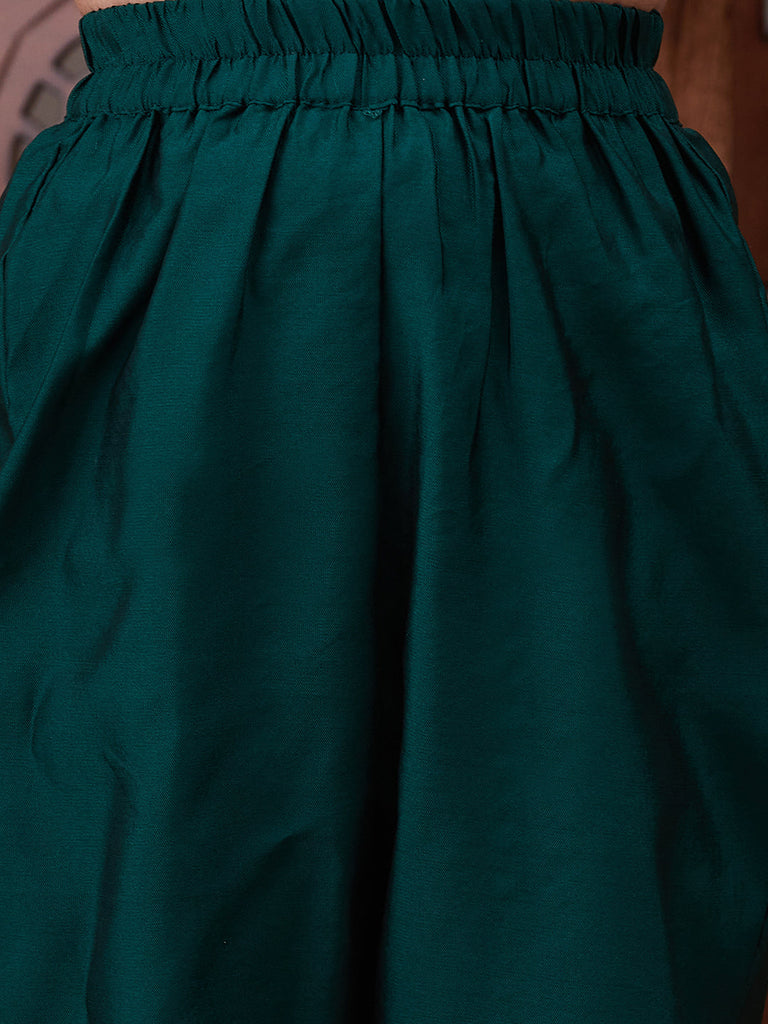 Pspeaches Girls Floral Yoke Design Angrakha Gotta Patti A Line Kurta With Trousers & Dupatta (KS-GREENTAFETA)