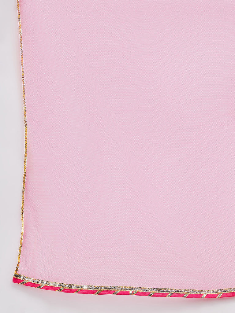 Pspeaches Girls Floral Yoke Design Angrakha Gotta Patti A Line Kurta With Trousers & Dupatta (KS-GREENTAFETA)