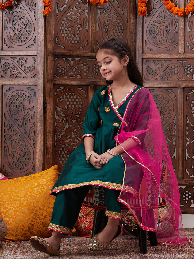 Pspeaches Girls Floral Yoke Design Angrakha Gotta Patti A Line Kurta With Trousers & Dupatta (KS-GREENTAFETA)