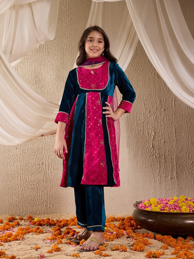 Pspeaches Girls Floral Embroidered Sequinned Velvet Panelled Kurta With Trouser & Dupatta (KS-MAGSEQVELVET)