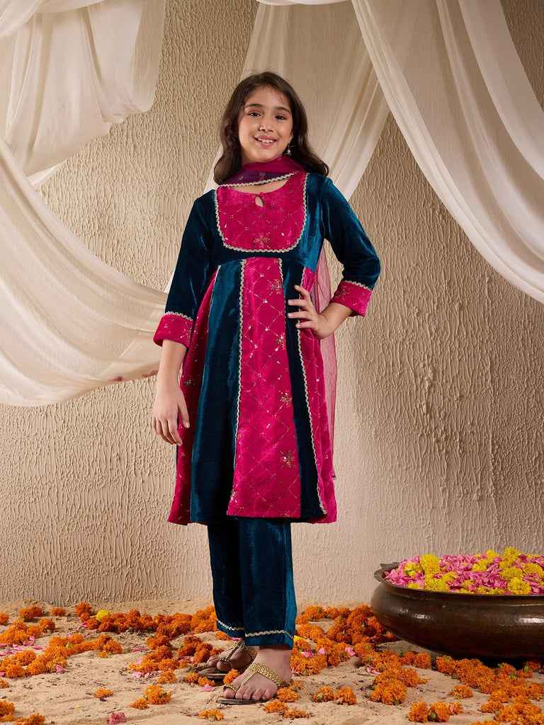 Pspeaches Girls Floral Embroidered Sequinned Velvet Panelled Kurta With Trouser & Dupatta (KS-MAGSEQVELVET)