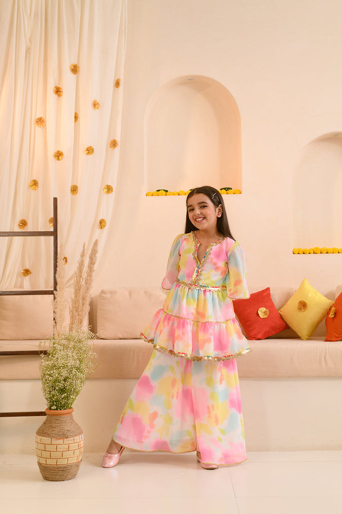 Girls Abstract Printed Sequinned Regular A-Line Kurta & Sharara (KS-MULTILAYER)