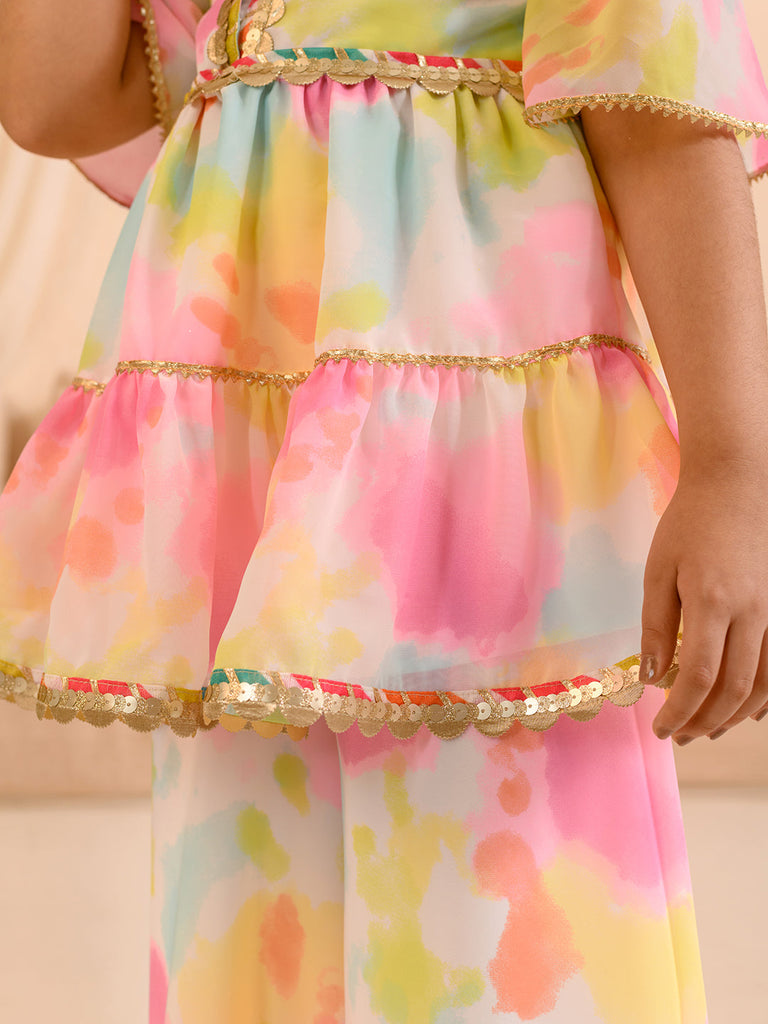 Girls Abstract Printed Sequinned Regular A-Line Kurta & Sharara (KS-MULTILAYER)