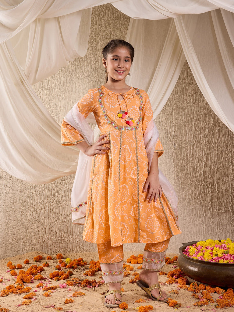 Pspeaches Girls Cotton 3/4th Sleeves Keyhole Neck Gota Pati Embellished Lehenga Choli Set with Dupatta for Girls (KS-ORANGEBANDHEJ)