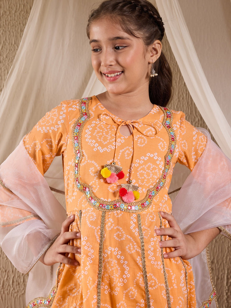 Pspeaches Girls Cotton 3/4th Sleeves Keyhole Neck Gota Pati Embellished Lehenga Choli Set with Dupatta for Girls (KS-ORANGEBANDHEJ)