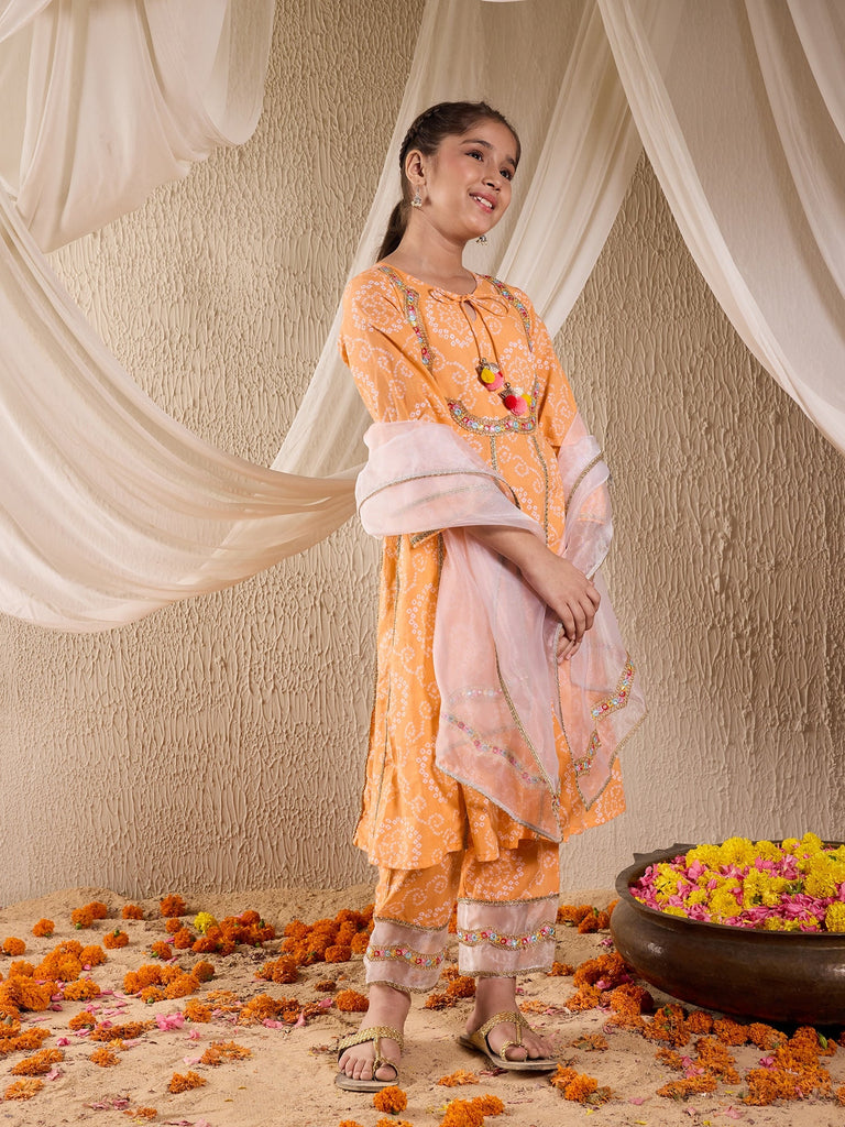 Pspeaches Girls Cotton 3/4th Sleeves Keyhole Neck Gota Pati Embellished Lehenga Choli Set with Dupatta for Girls (KS-ORANGEBANDHEJ)