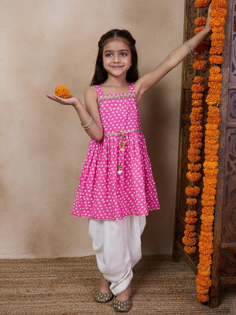 Girls Bandhani Printed Shoulder Straps Gotta Patti A-Line Kurta With Dhoti Pants (KS-PURPLEBANDHNI)