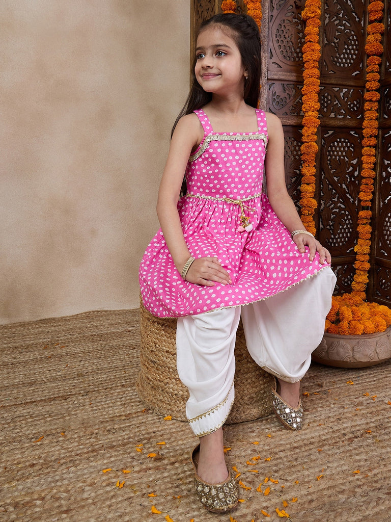 Girls Bandhani Printed Shoulder Straps Gotta Patti A-Line Kurta With Dhoti Pants (KS-PURPLEBANDHNI)