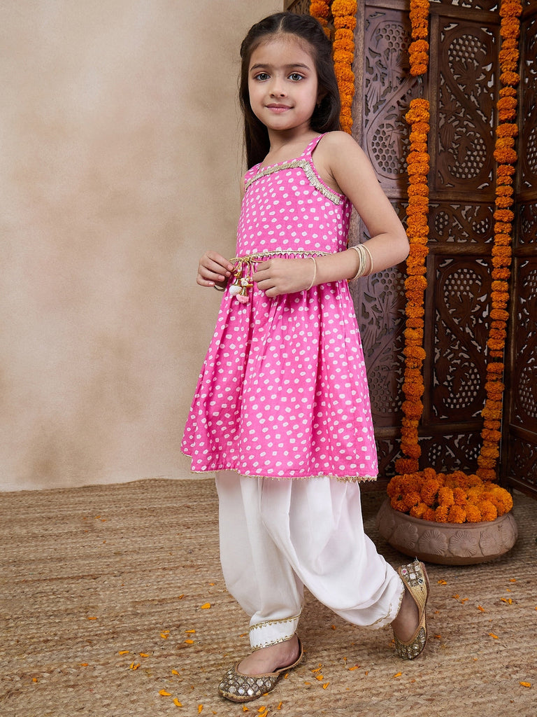 Girls Bandhani Printed Shoulder Straps Gotta Patti A-Line Kurta With Dhoti Pants (KS-PURPLEBANDHNI)