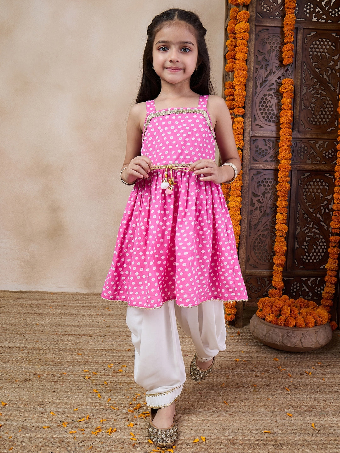Girls Bandhani Printed Shoulder Straps Gotta Patti A-Line Kurta With Dhoti Pants (KS-PURPLEBANDHNI)