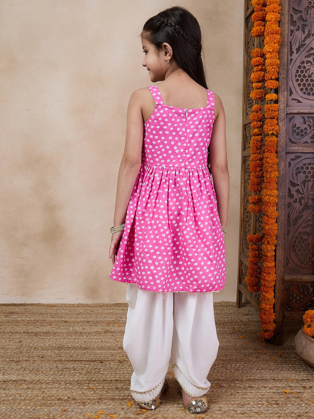 Girls Bandhani Printed Shoulder Straps Gotta Patti A-Line Kurta With Dhoti Pants (KS-PURPLEBANDHNI)