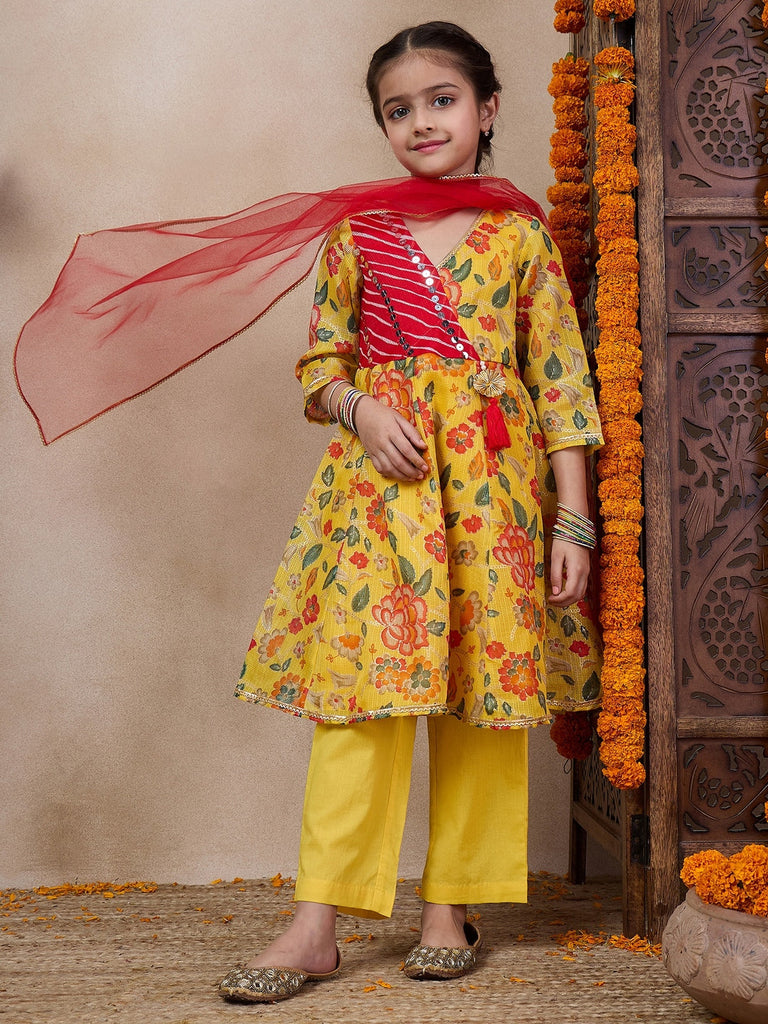 Girls Floral Printed V-Neck Anarkali Kurta With Trousers Dupatta (KS-YELLOWKOTAJAAL)