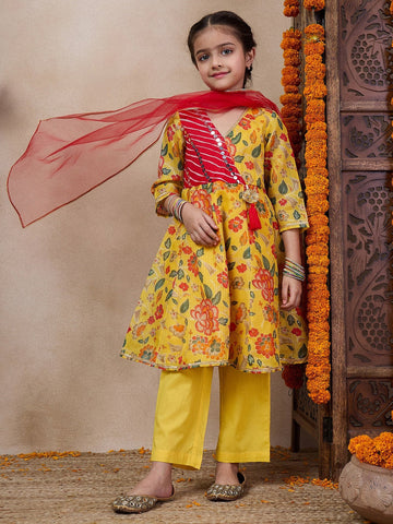 Girls Floral Printed V-Neck Anarkali Kurta With Trousers Dupatta (KS-YELLOWKOTAJAAL)