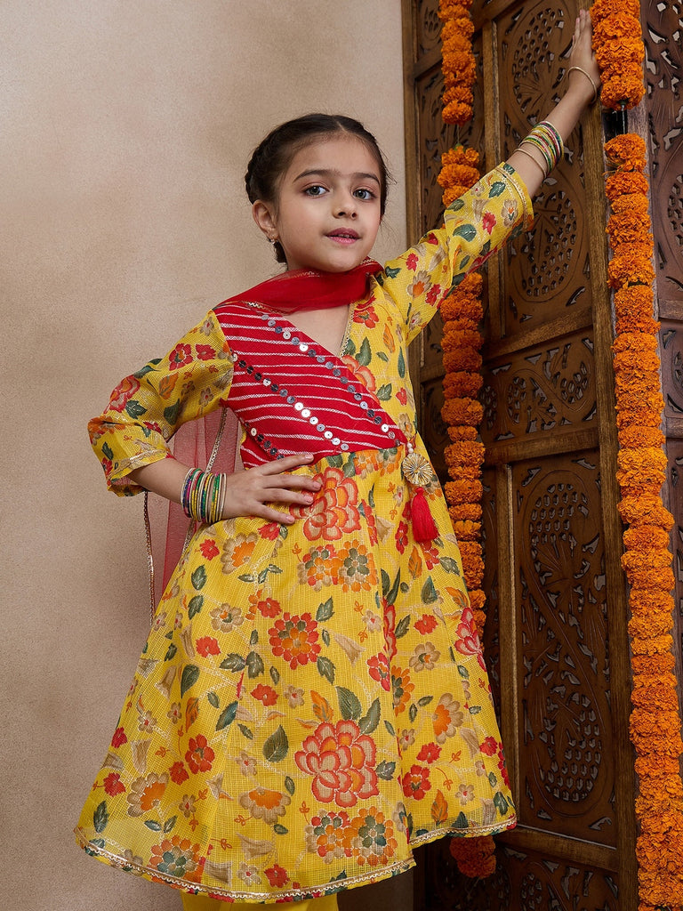 Girls Floral Printed V-Neck Anarkali Kurta With Trousers Dupatta (KS-YELLOWKOTAJAAL)
