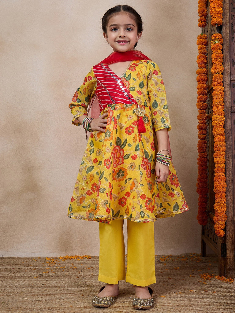 Girls Floral Printed V-Neck Anarkali Kurta With Trousers Dupatta (KS-YELLOWKOTAJAAL)