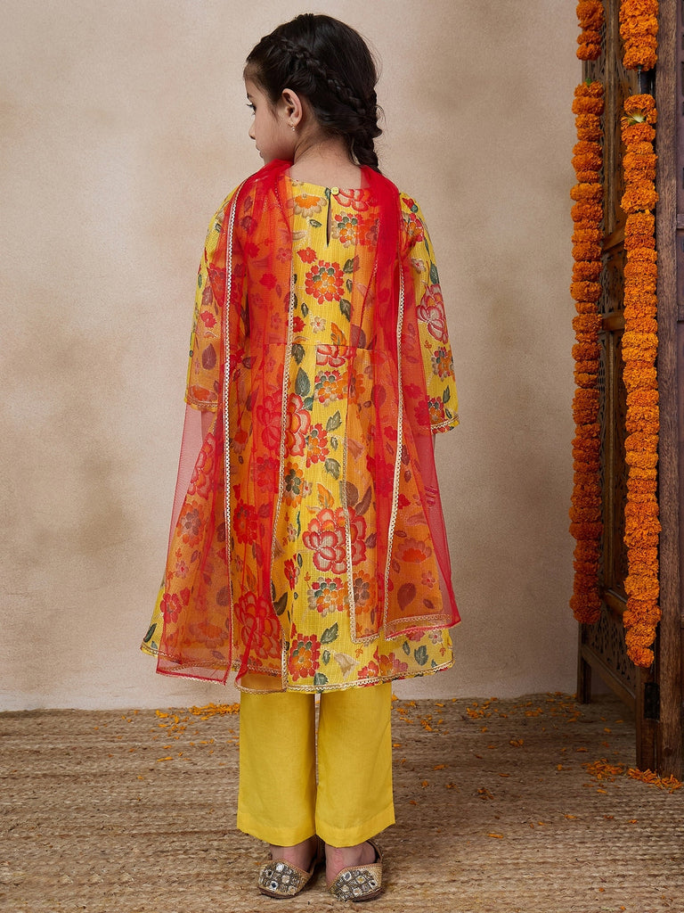 Girls Floral Printed V-Neck Anarkali Kurta With Trousers Dupatta (KS-YELLOWKOTAJAAL)