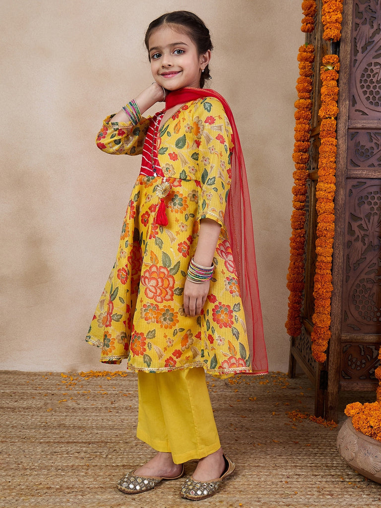 Girls Floral Printed V-Neck Anarkali Kurta With Trousers Dupatta (KS-YELLOWKOTAJAAL)
