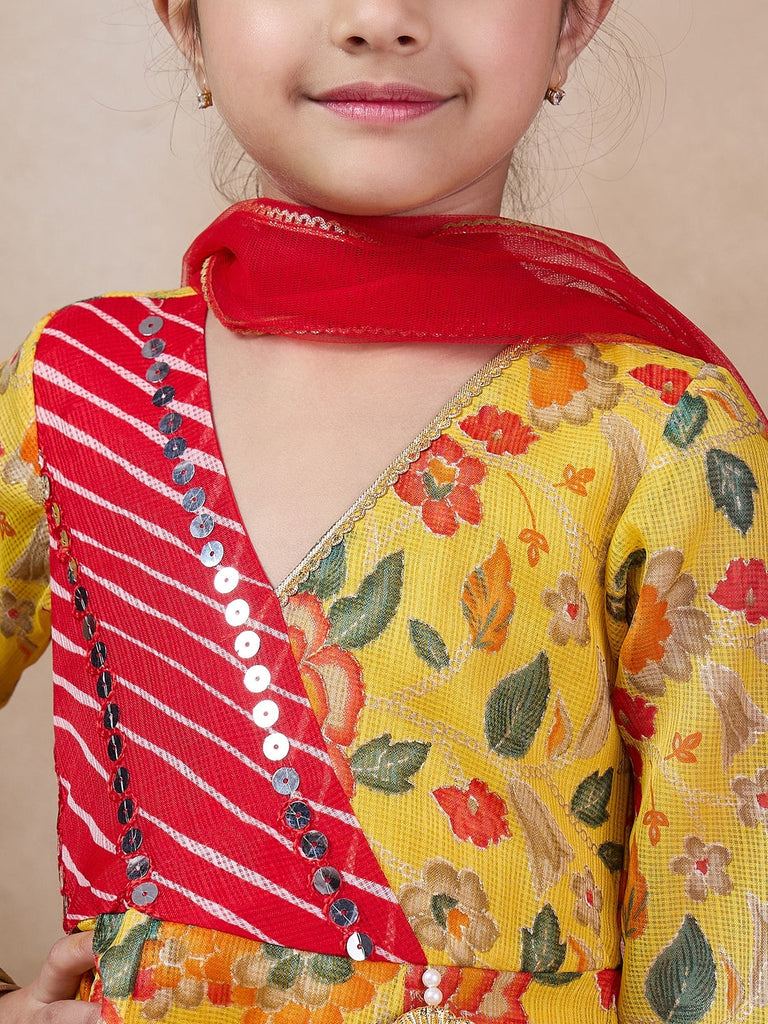 Girls Floral Printed V-Neck Anarkali Kurta With Trousers Dupatta (KS-YELLOWKOTAJAAL)
