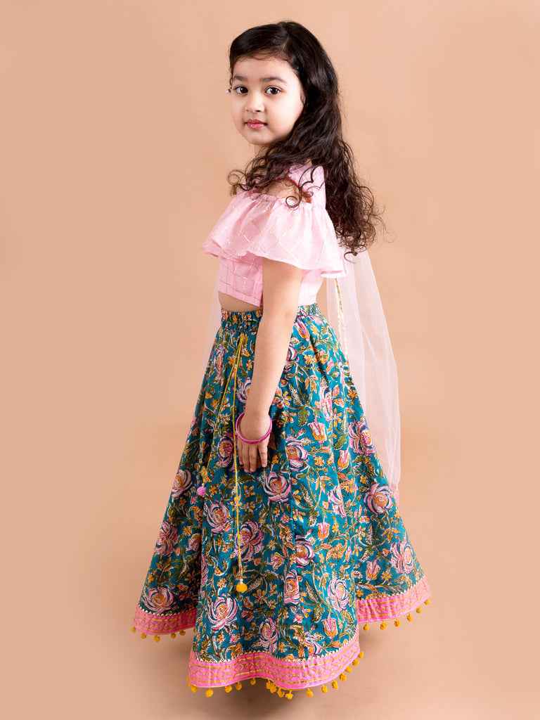 Girls Blue & Pink Ready to Wear Lehenga & Blouse With Dupatta (L-Bluejaalcold)