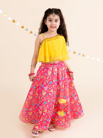 Girls Coral & Yellow Ready to Wear Lehenga Choli (L-Coraldigital)