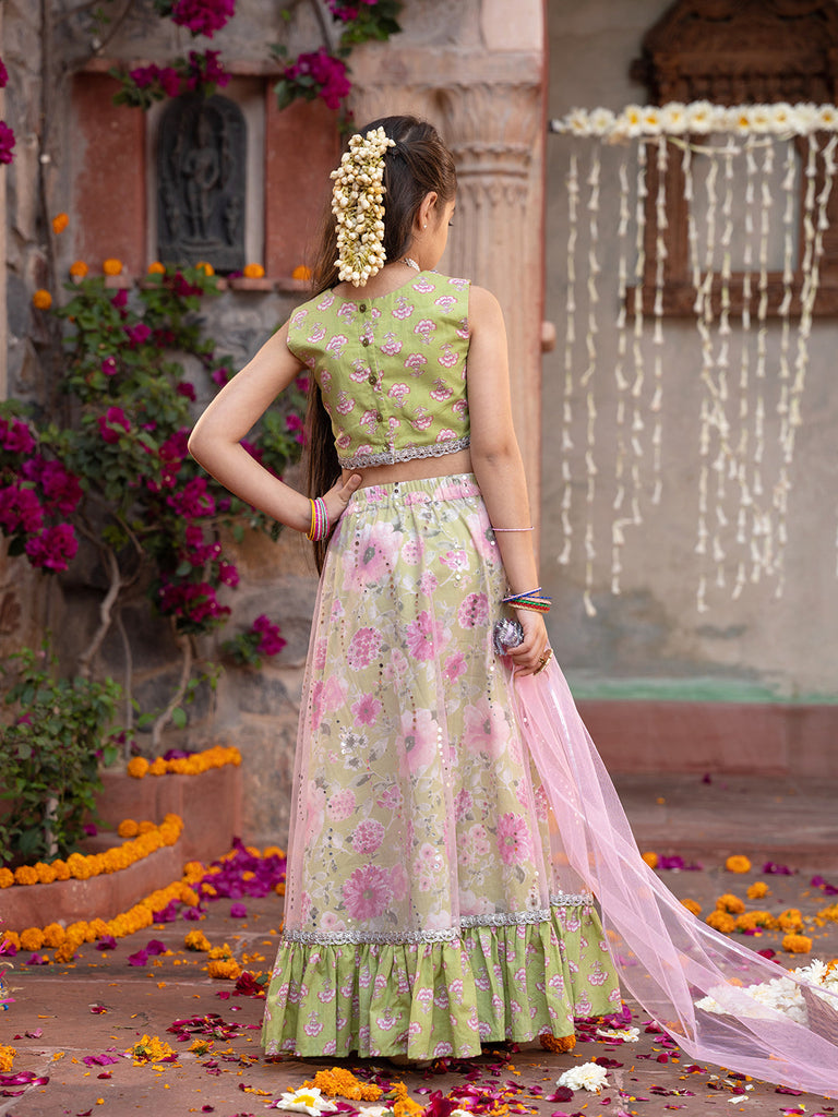 Pspeaches 3-Piece Olive Green Cotton Lehenga, Choli And Dupatta (L25010009)